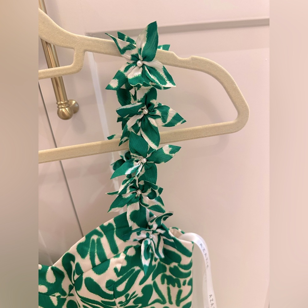 NWT 🌟 Azazie Maggy Green abstract Leaf Print Midi Dress - Picture 9 of 13